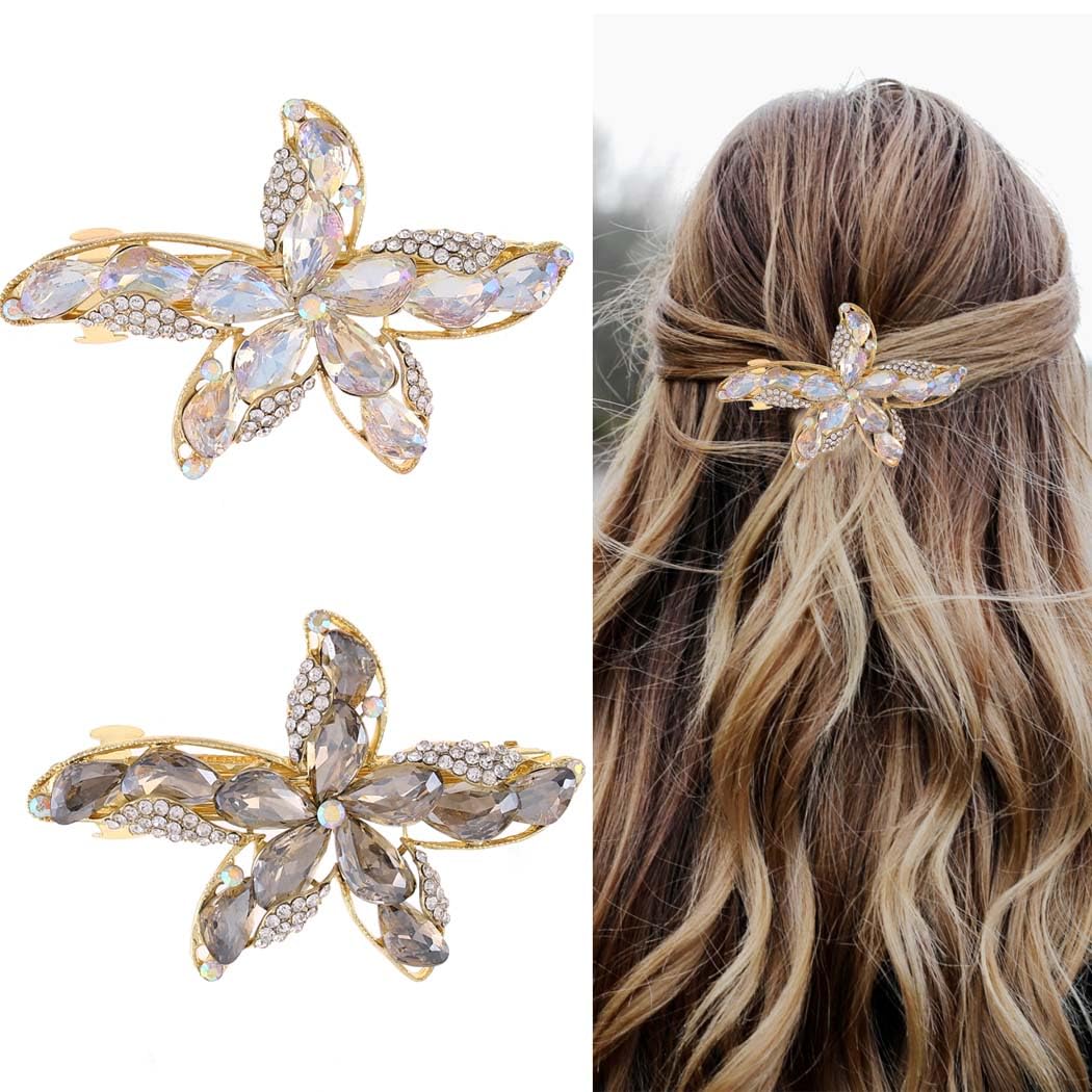 Campsis 2 PCS Rhinestone French Barrettes Luxury Crystal Hair Clips Sparkly Spring Diamond Hairpieces Daily Celebration Party for Women Girls