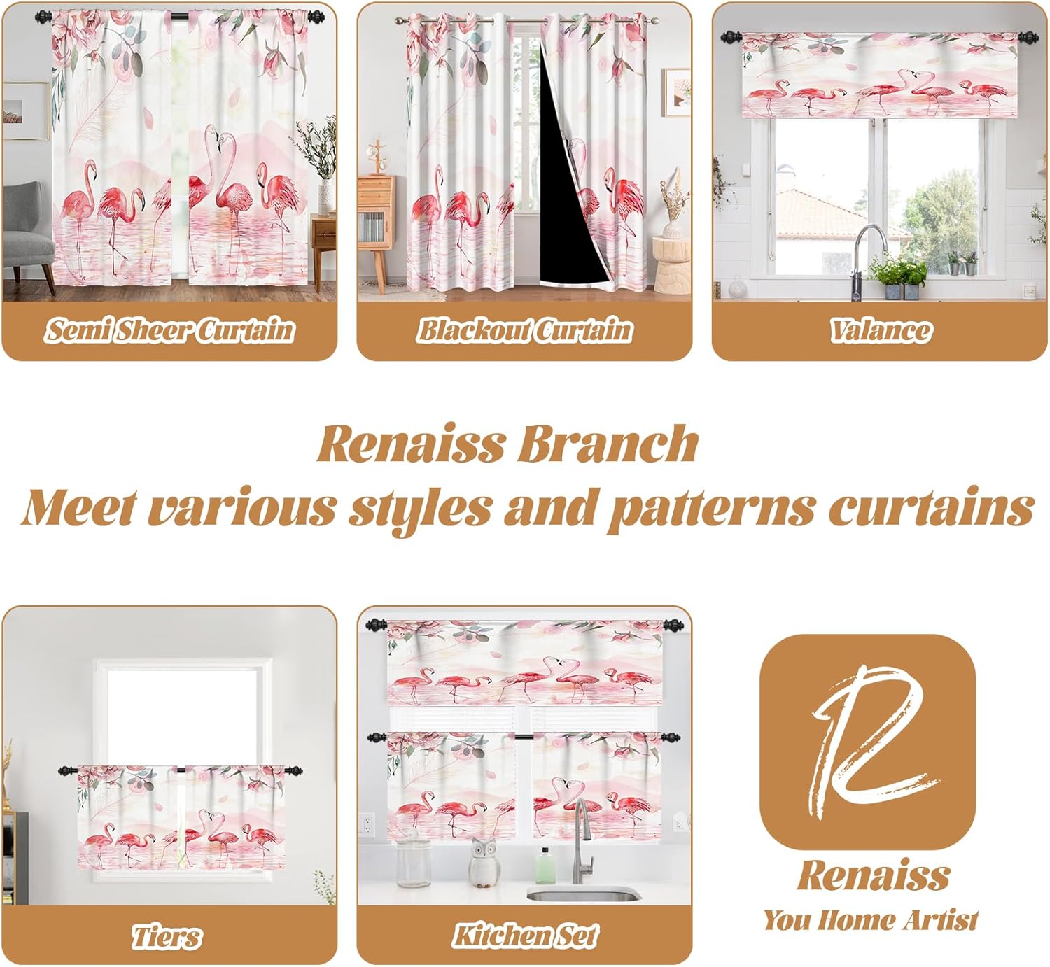 Renaiss 26 x 45 Inch Flamingo Small Kitchen Curtains Pink Lake Flower Cafe Short Window Curtains Lovebirds Window Treatment for Girls Daughter Badroom Curtains Flamingo Linen Home Decoration 2 Panels