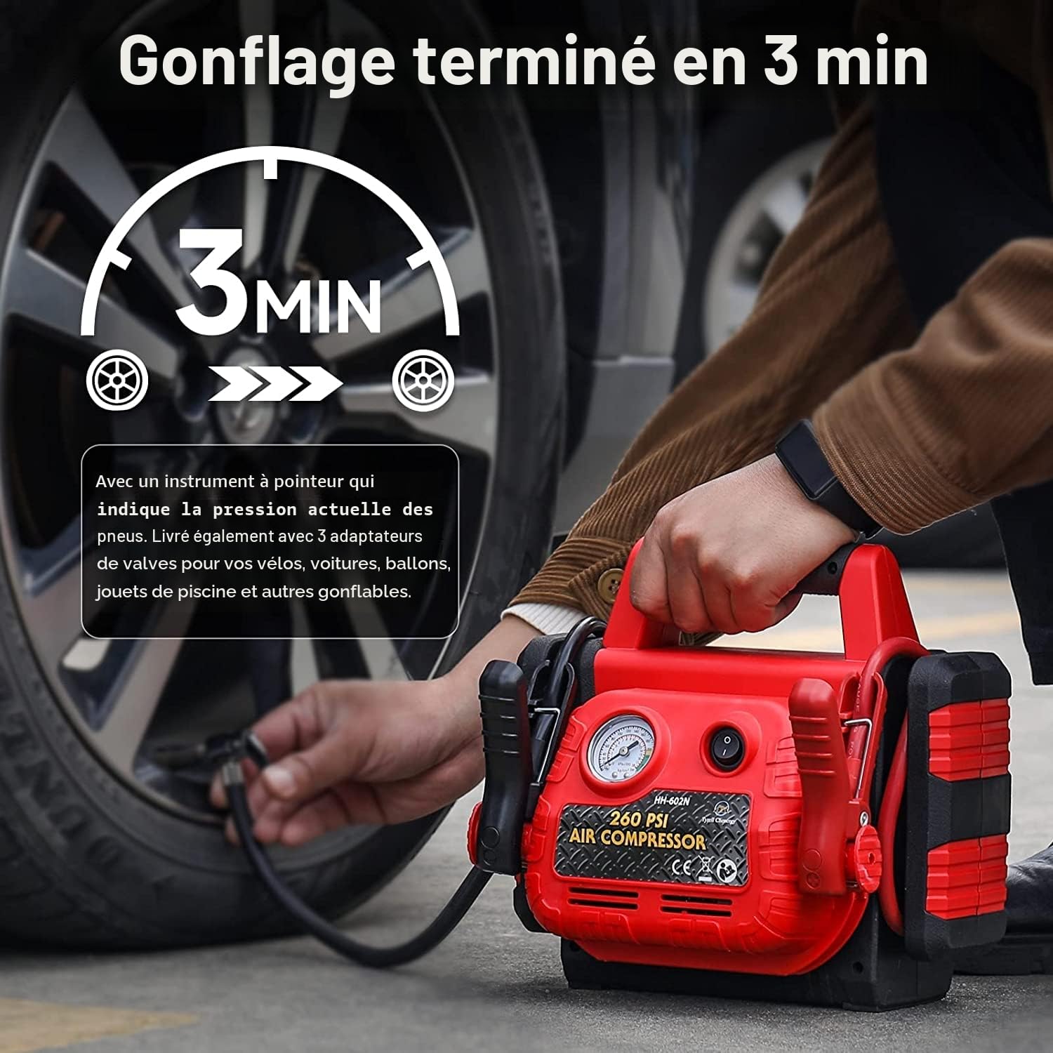 Bloc d'alimentation de démarrage de Voiture avec compresseur d'air, 900 A 12 V Plomb-Acide Booster Power Pack, Chargeur de Banque d'alimentation avec Prise USB et Prise DC, gonfleur de Pneu