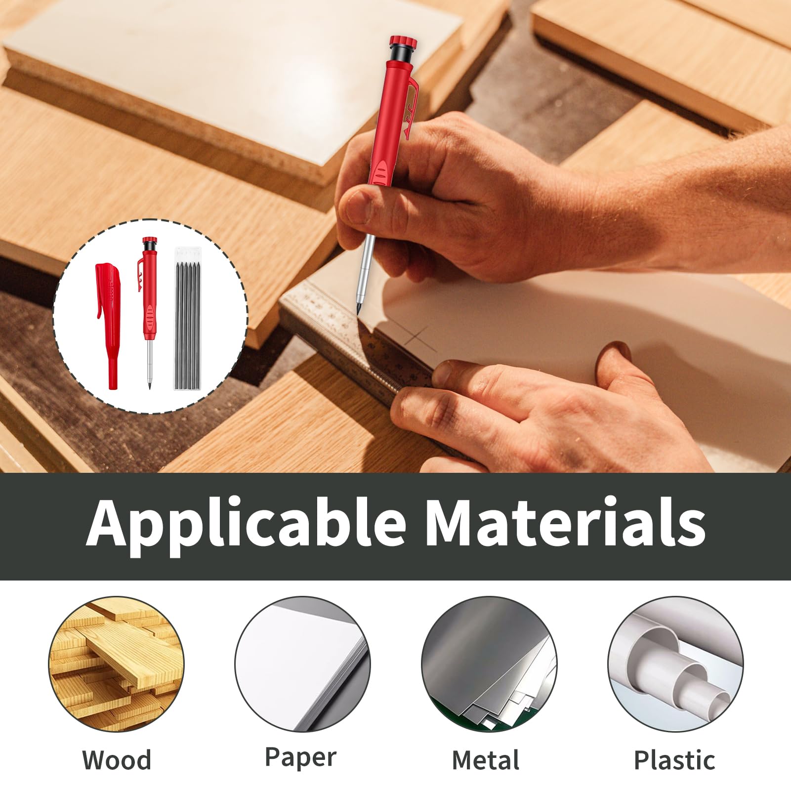 Matita da Carpentiere, Matita Falegname Meccaniche con 6 Ricariche 2,8mm, Matite Punta Lunga per Fori Profondi con Temperamatite Integrato Custodia Protettiva, per Legno Metallo Cemento Vetro Plastica