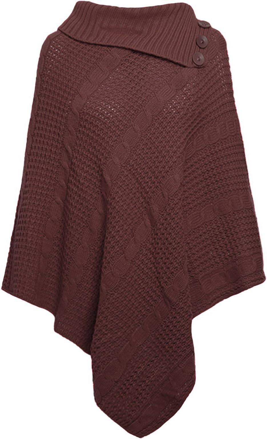 Hina Fashion Women Ladies Long knitted 3 Button Poncho Cape Shawl Wrap Jumper Top (One Size Fits 8-18