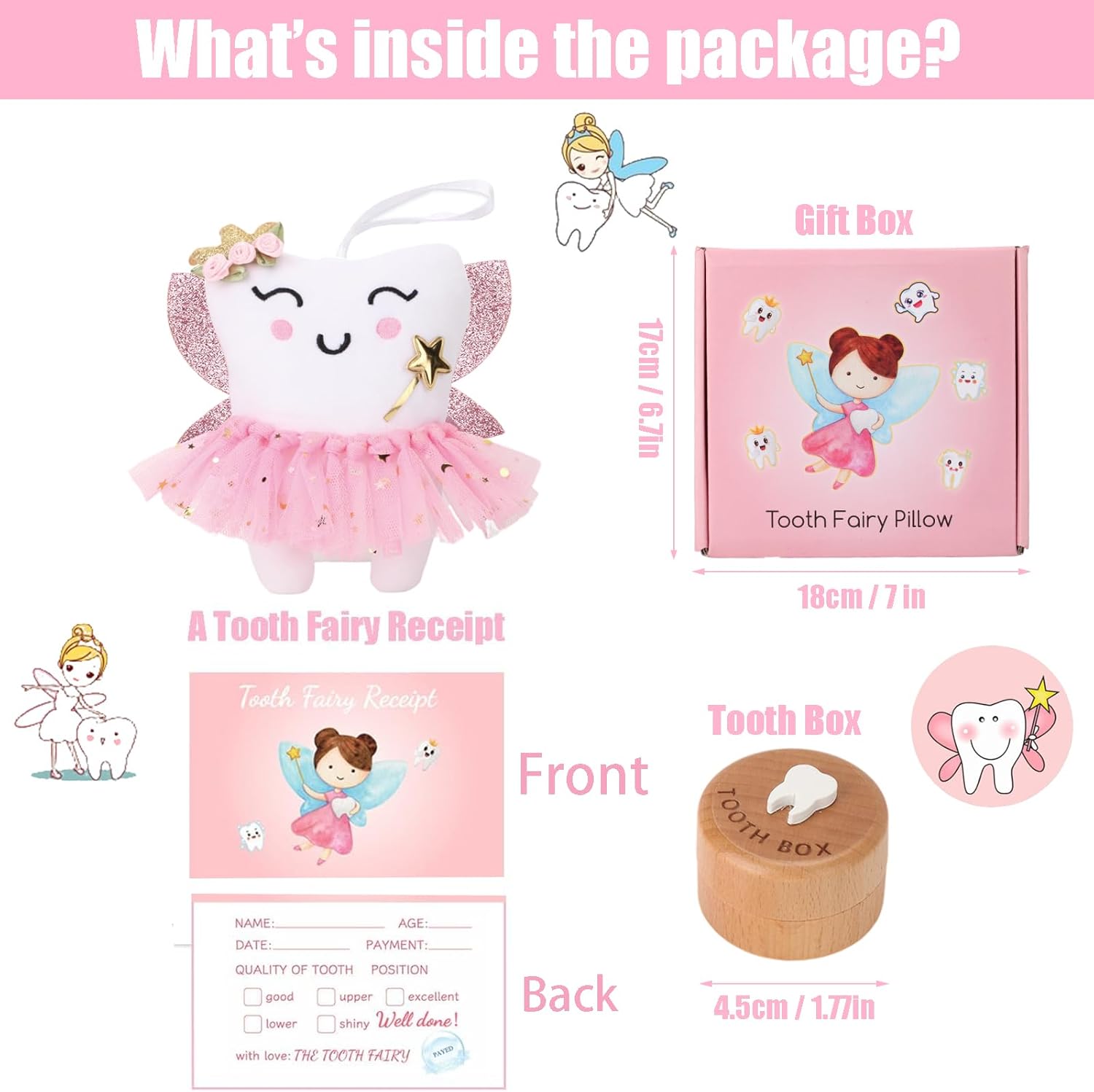 SQIMZAR Tooth Fairy Pillow,Tooth Fairy Plush Dolls Gifts for Girls with Pocket and Glittering Wings,Kit Includes a Plush Doll,Box and Certificate