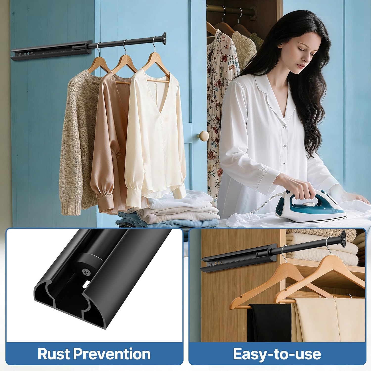 14-Inch Valet Rod for Closet Pull Out, Azcom Hanging Telescoping Clothes Rod, Adjustable Clothes Rod-Black