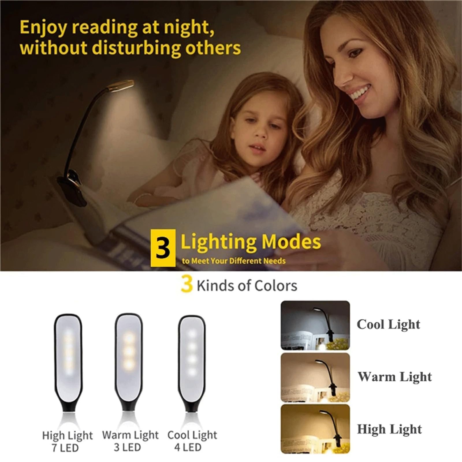 Mini lampka do czytania z 7 diodami LED, 3-stopniowa barwa ciepła i zimna biel, elastyczne, łatwe do zamocowania, możliwość czytania w łóżku, jasność może chronić oczy, bardzo dobrze nadaje się do