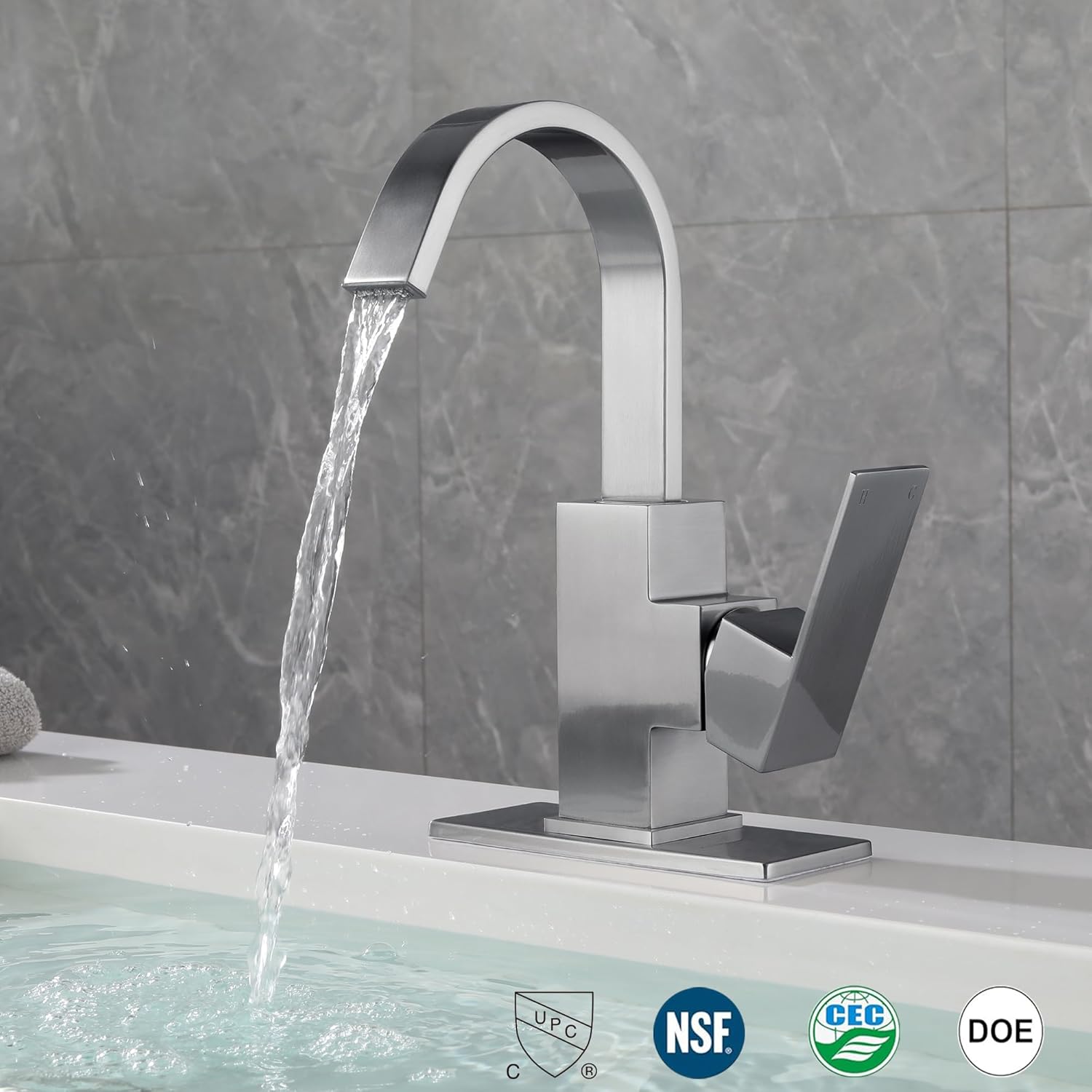 Brushed Nickel Bathroom Faucet with 360 Degree Swivel Spout Waterfall Faucet for Bathroom Vanity，Single Hole Bar Sink Faucet with Hose and 6 "Deck Plate,SL5004BN
