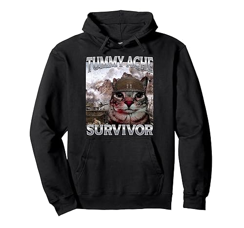 Tummy Ache Survivor Cat Meme Funny Saying Cats Animals Pullover