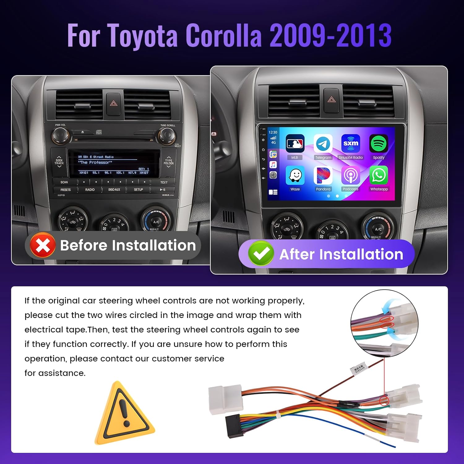 8-core 4G+64G Car Stereo for Toyota Corolla 2009-2013 with 9-Inch 1280P QLED Touchscreen 5G WiFi, Android Car Radio Carplay Android Auto BT5.1 DSP/Hi-Res Audio 5GWifi SWC GPS Backup Camera