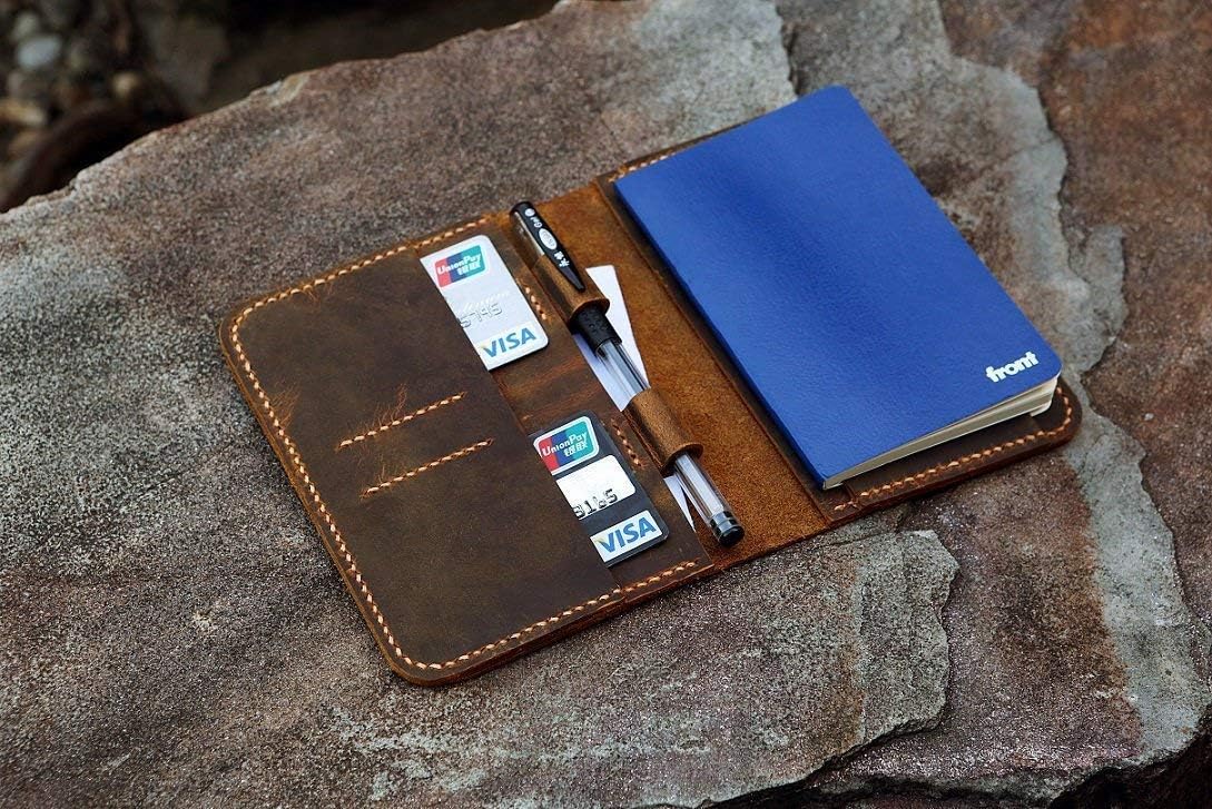 Vintage leather cover for mini notebook 3.5"x 5.5" / distressed leather travel journal cover with card pen slot -NB005S