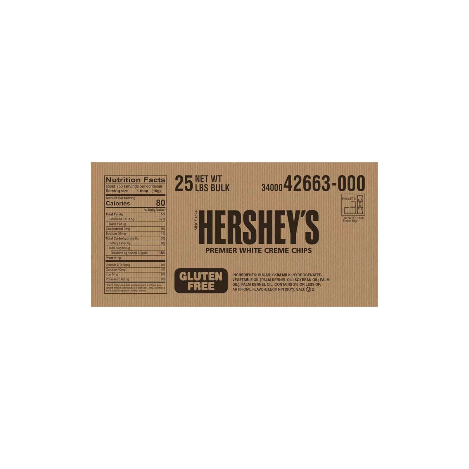 HERSHEY'S Premier White Vanilla Baking Chips, 1000 ct, 25 Lbs, 25 Lb