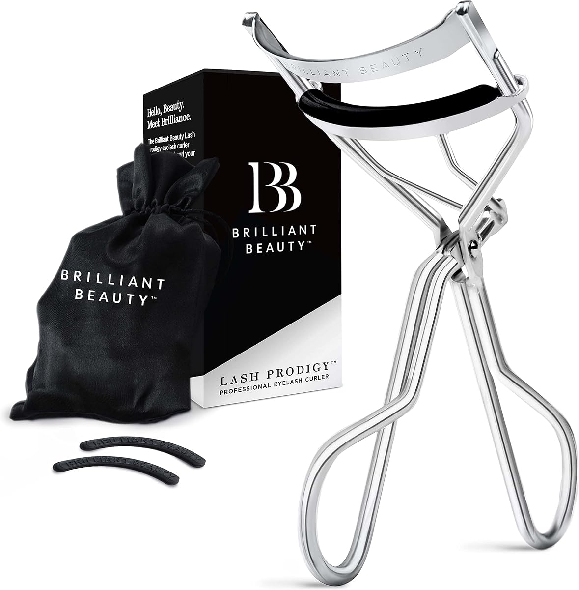 Brilliant Beauty Eyelash Curler with Satin Bag and Refill Pads - Award Winning - No Pinching, Just Dramatically Curled Eyelashes and Lash Line in Seconds - Get Gorgeous Eye Lashes Now (Platinum) | Dramatically Curled Lashes, Lash Lift in Seconds, No Pinching