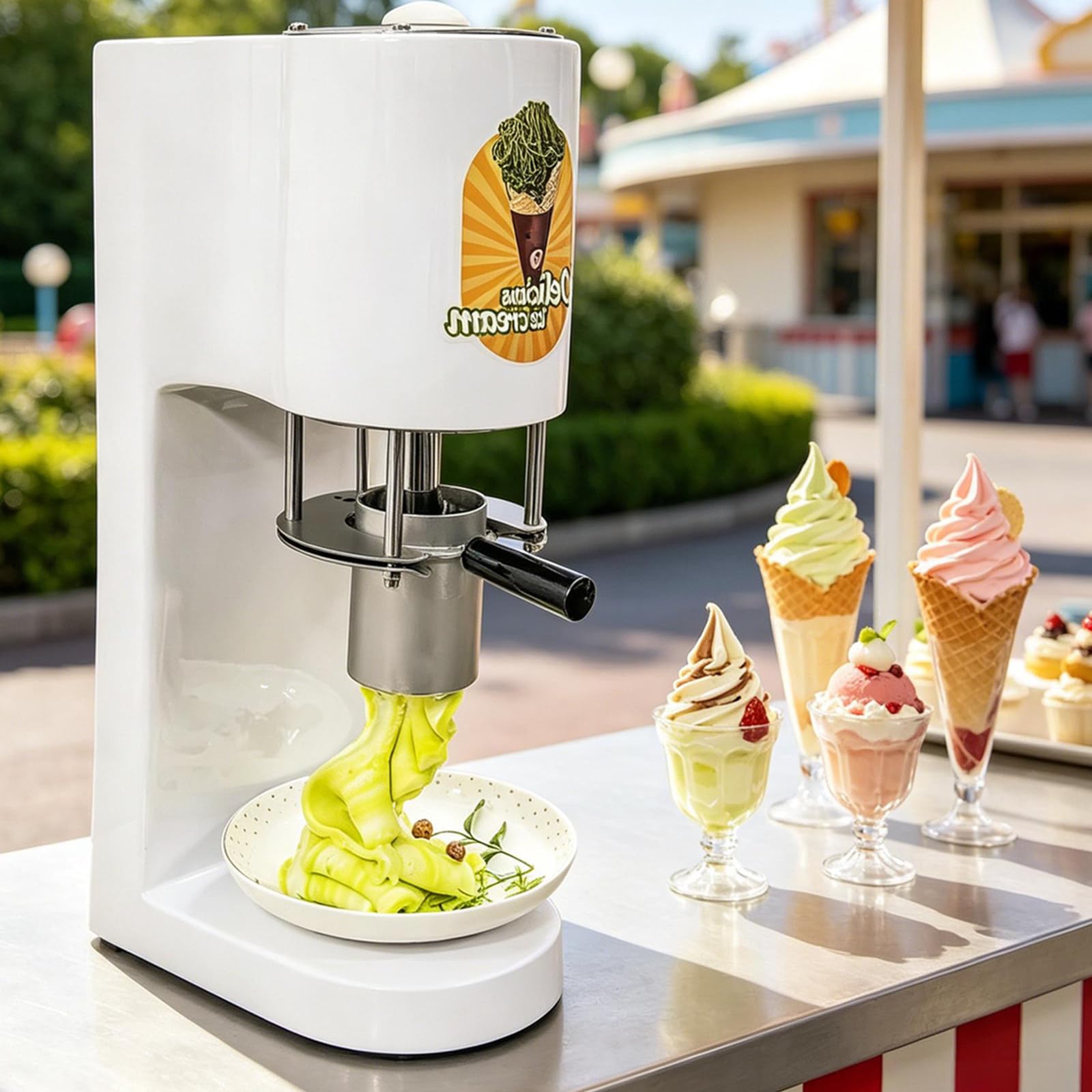 Máquina eléctrica de fideos para helados de 80 W, máquina compacta de prensa de helados de espagueti, para calles peatonales, festivales de alimentos, puestos de mercado al aire libre, color amarillo