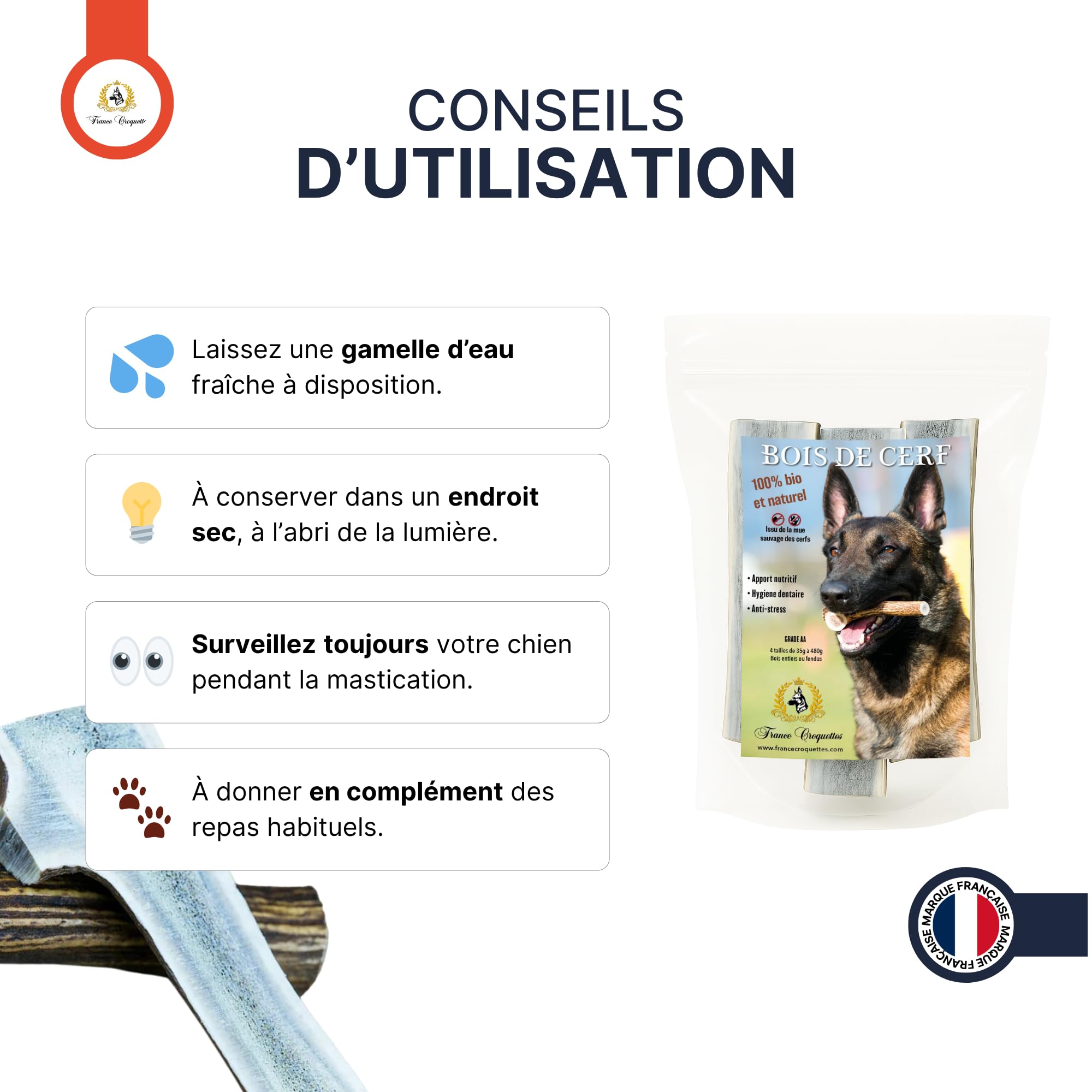 Bois de Cerf Fendu pour Chien, friandise à mâcher Naturelle Longue durée, Soin Dentaire mécanique, Occupation & Plaisir, 100% Bois de cerf (XL)