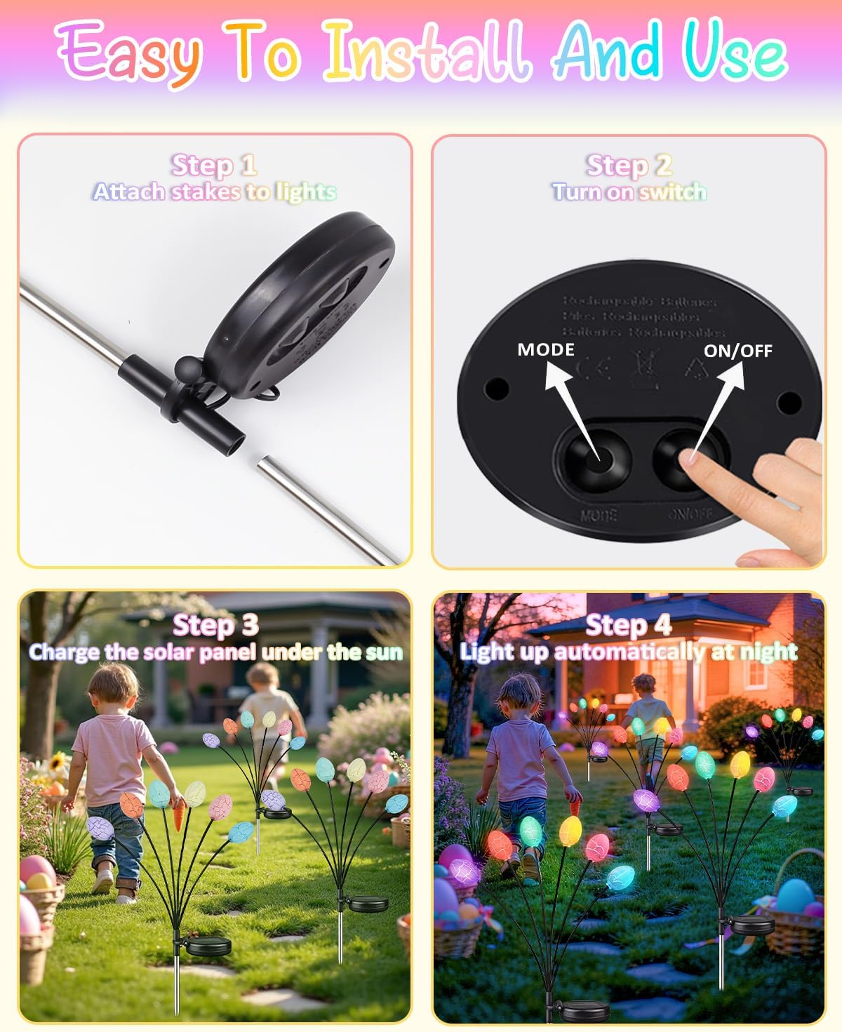 Upgraded 4 Pack Solar Easter Egg Lights Outdoor, Colorful Swaying Firefly Lights with 2 Lighting Modes, Waterproof Solar Pathway Lights for Spring Garden Lawn Yard Patio Porch Easter Decorations