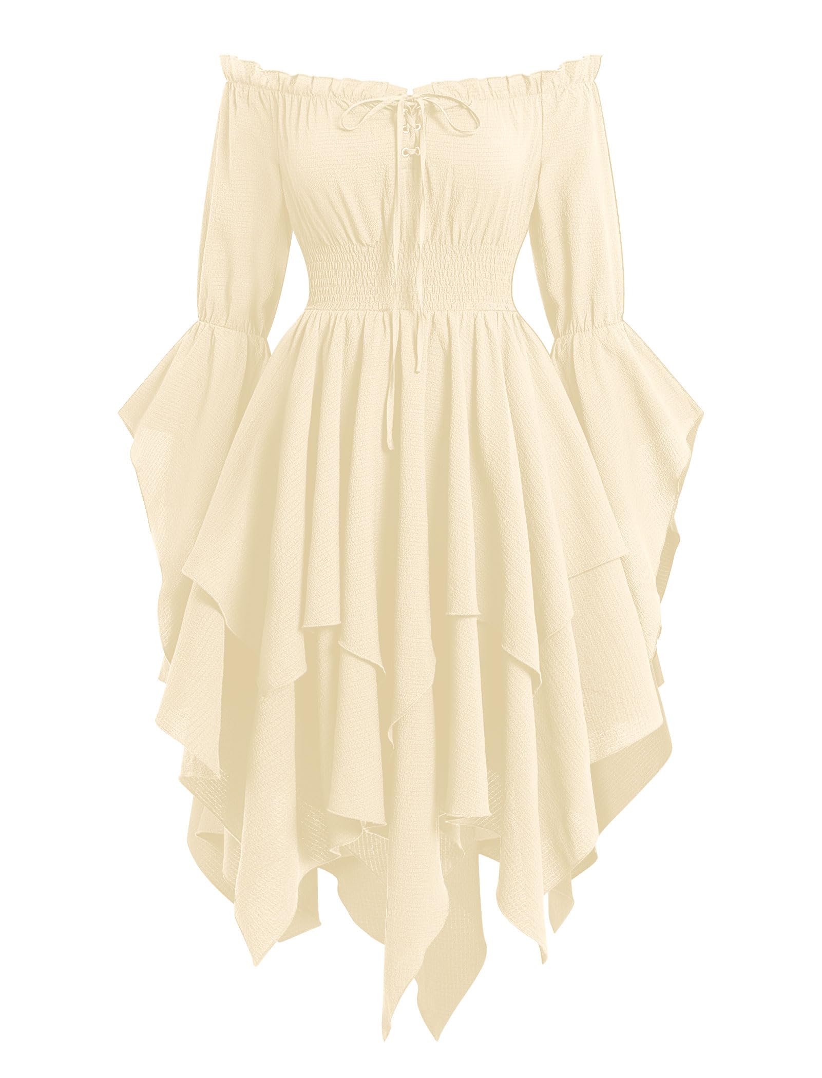 EFOGEP Womens Medieval Renaissance Dress Long Bell Sleeve Off Shoulder Asymmetry Hem Vintage Victorian Gothic Dresses for Costume Parties Festival Casual Beige XXL