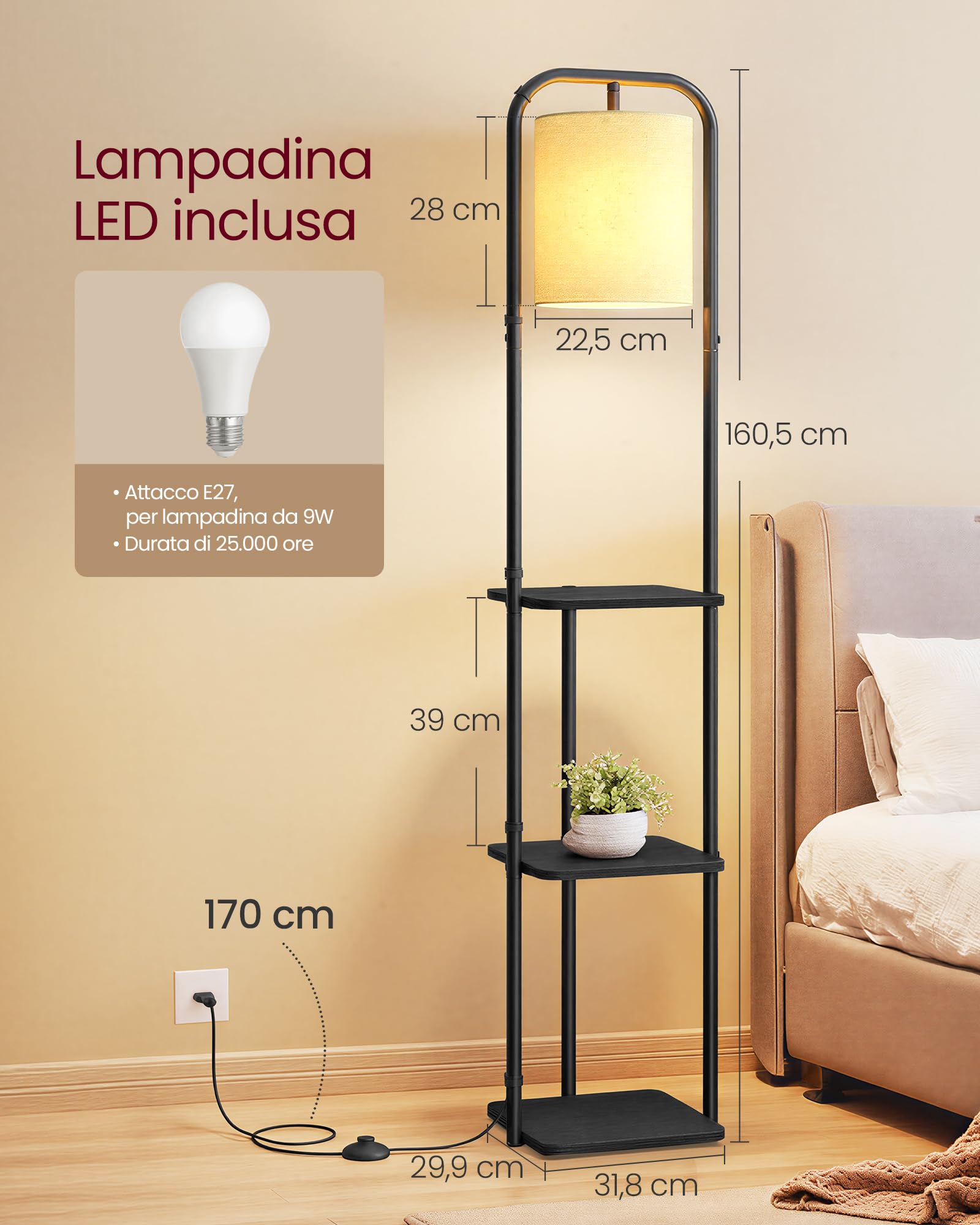 VASAGLE Lampada da Terra con 3 Ripiani, Piantana con Mensola, Lampadina LED Inclusa, Interruttore a Pedale, Paralume in Tessuto, Soggiorno Camera da Letto, Nero Inchiostro LFL001BD02