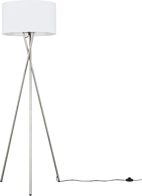 MiniSun Modern Brushed Chrome Metal Tripod Floor Lamp with a White Cylinder Shade
