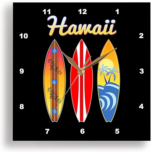 3dRose Reloj de pared silencioso - 10 pulgadas - Tablas de surf hawaianas retro diseño de vacaciones en la playa en negro - Creative Studios - Hawaii