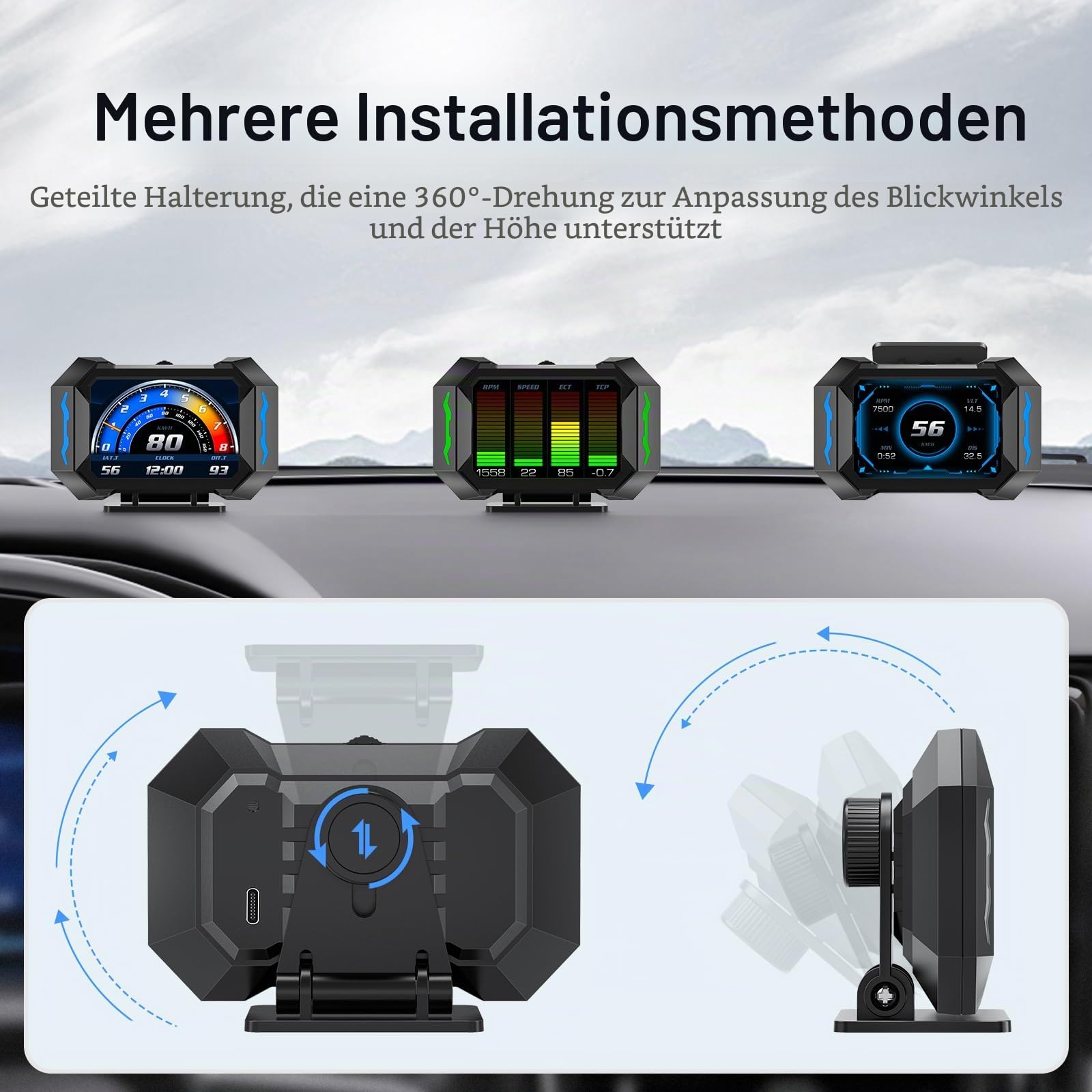 HUD P25 Head-up-Display Auto – Digitaler OBD+GPS Speedometer mit Kühlmitteltemperatur, Kraftstoffverbrauch, Neigungsmesser & Neigungswarnung