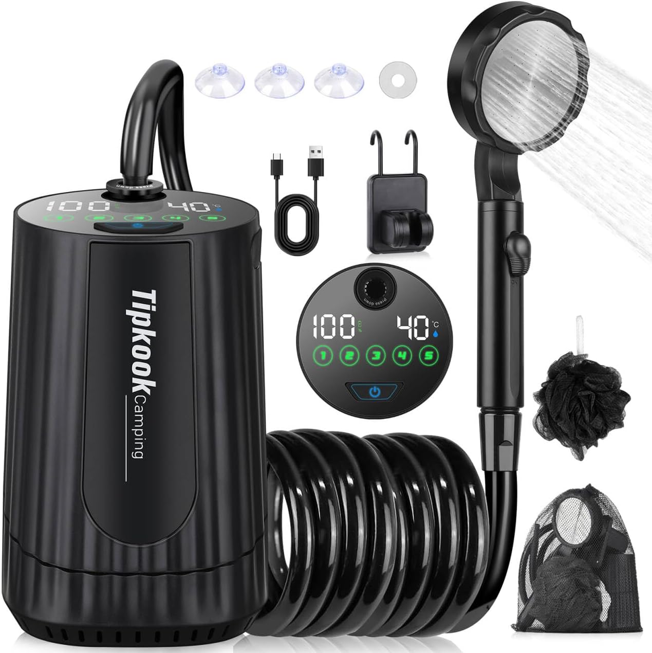 Portable Shower for Camping, [10000mAh] High Pressure 5 Adujustable Speeds, 4 Spray Modes, IPX8 Waterproof Rechargeable Camping Shower for Travel, Pet (Black)