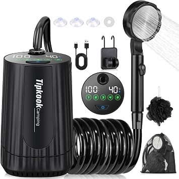 Portable Shower for Camping Essentials 10000mAh Rechargeable Battery Powered Shower, IPX8 Waterproof Camp Shower Pump, 5-Speed Outdoor Shower with LED Display, Camping Gifts for Men, Dog Bath, Hiking