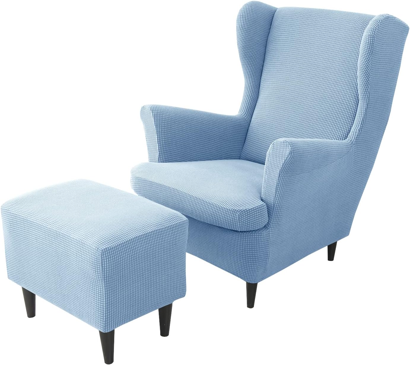 Light Blue Stretch Wing Chair Slipcover Set with Ottoman Cover Wingback Chair Protector Covers for Dogs 3 Piece Wing Chair and Footstool Set