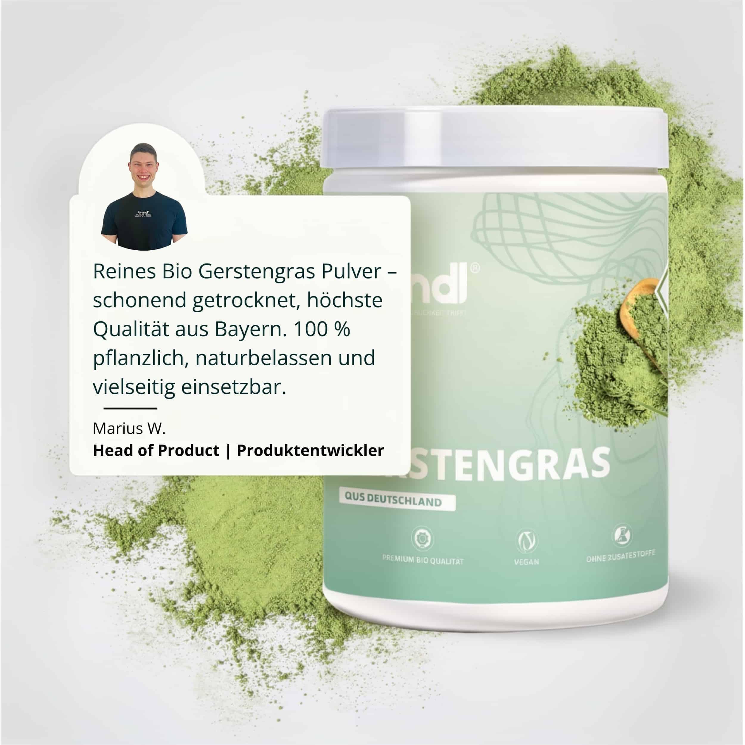 Gerstengraspulver BIO - natürliches Gerstengras Premiumqualität - optimal für Sportler, Rohkost-Qualität aus Bayern und abgefüllt in Deutschland, laborgeprüft - 500g Bio Gerstengras Pulver by brandl®