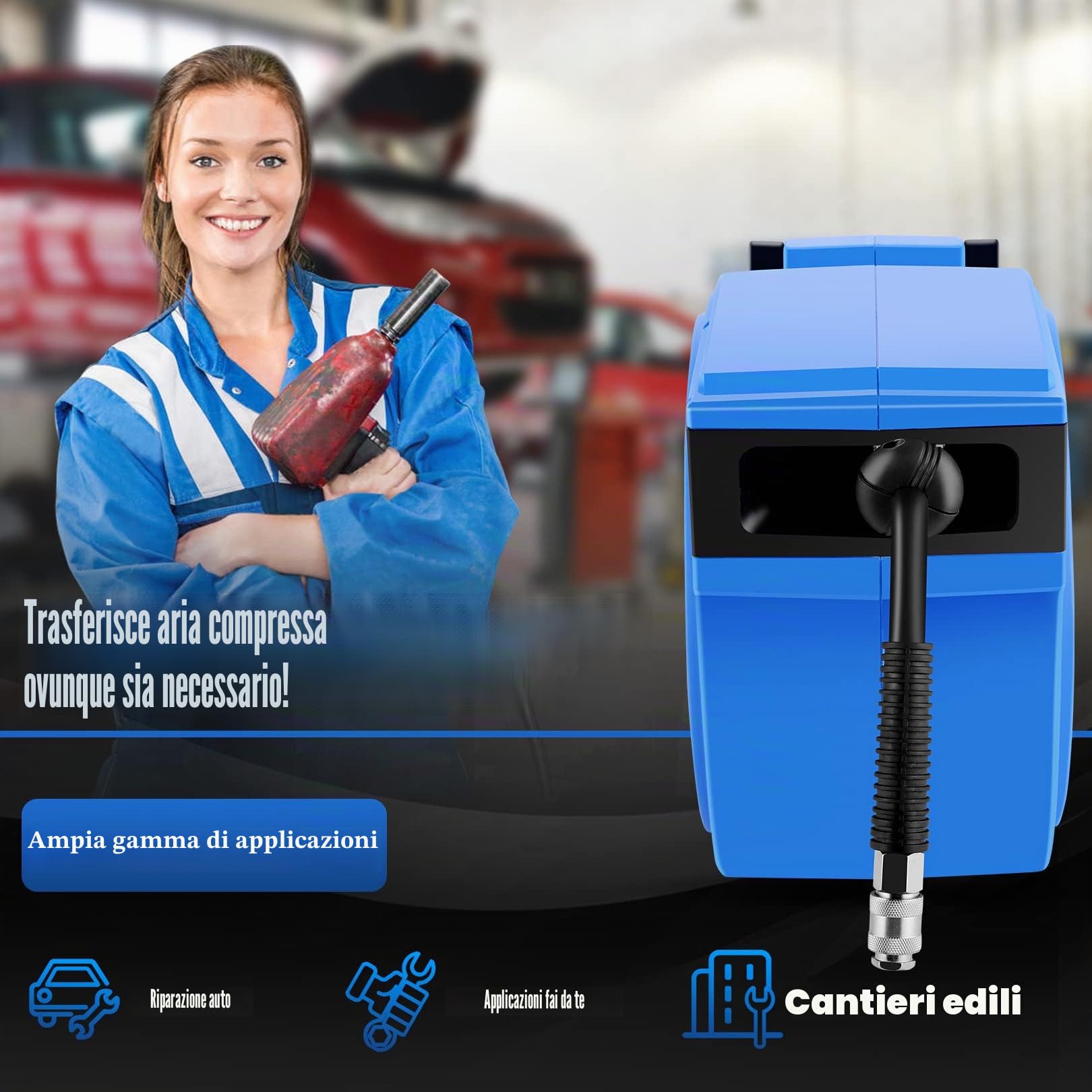 Avvolgitubo ad Aria Compressa con 9,5mm x 15m + 1.5m Tubo, 1/4" BSPT Raccordi Rapidi, Avvolgitubo da Parete per Aria Compressa, Arrotolatore Riavvolgimento Automatico, Max 12 Bar