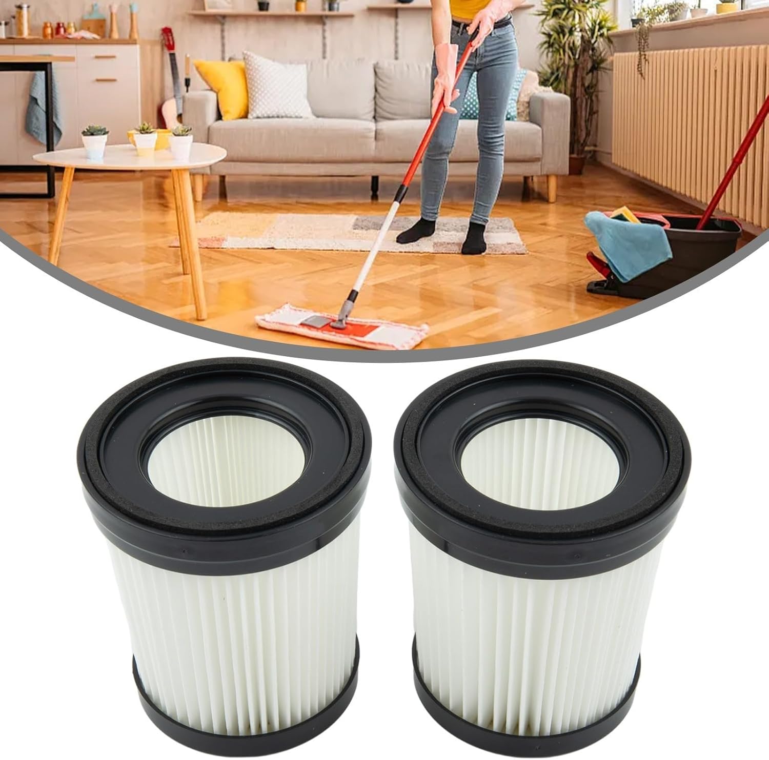 Two HEPA filters in the foreground with a person vacuuming in the background