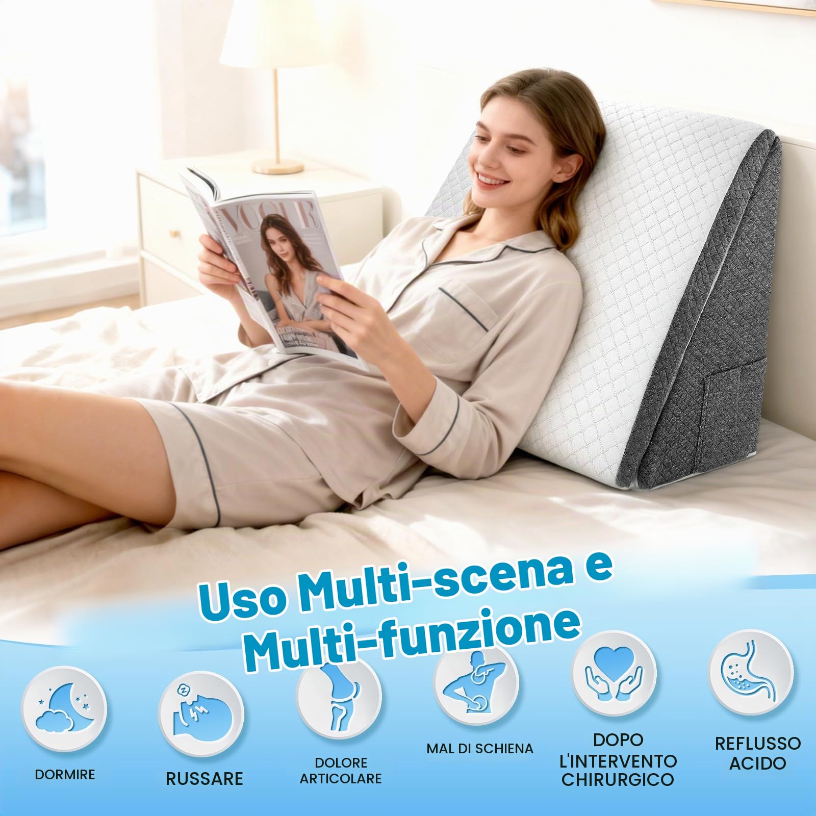 Cuscino a Cuneo per Letto 2pcs, Cuscino Adulti, Cuscino Triangolare memory foam Regolabile, Cuscino da Lettura, Elevazione Delle Gambe, Supporto Lombare per Sedersi sul Letto
