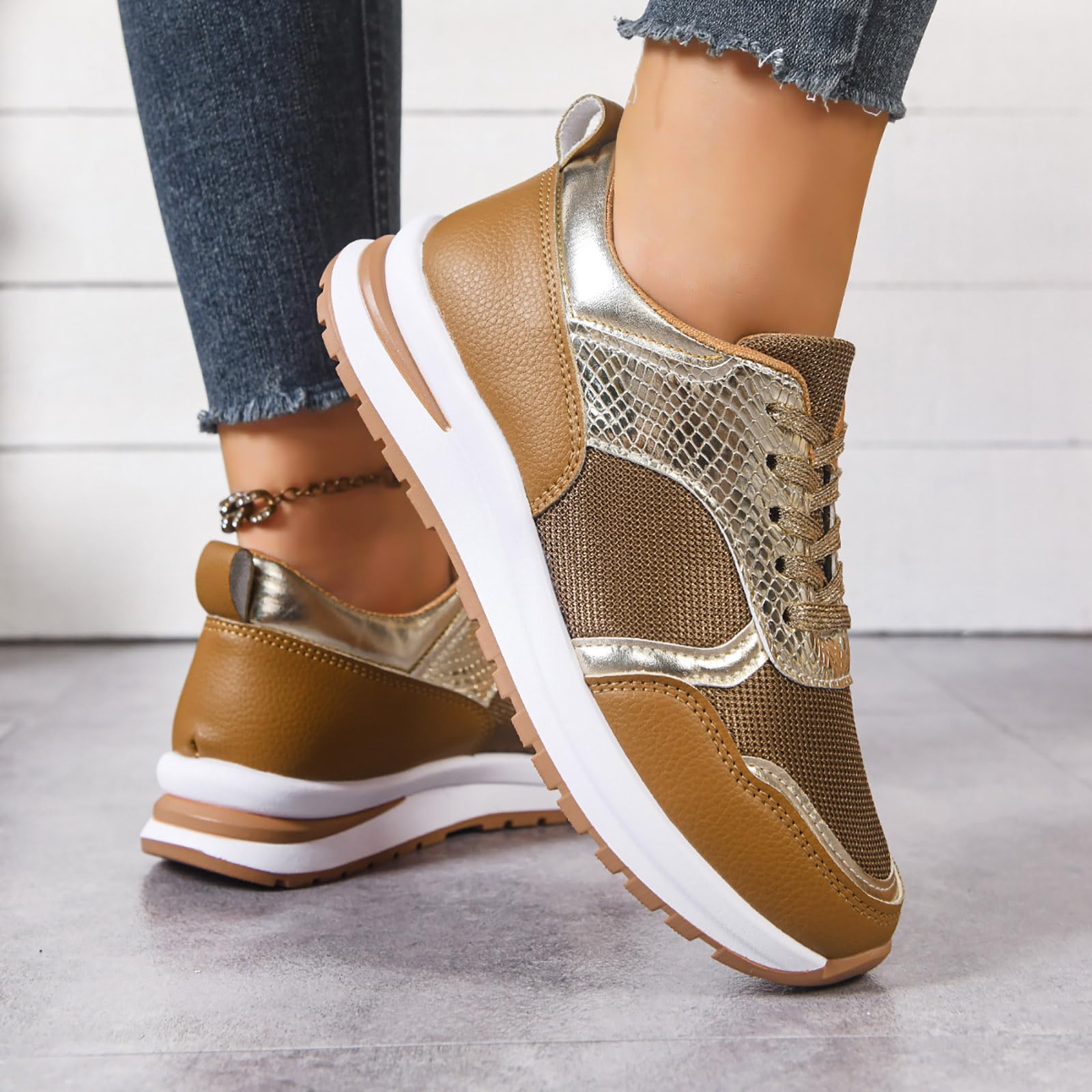 Genérico Zapatillas Deportivas Casuales Mujer Piel Sintética con Parches, Suela Suave Planas Punta Puntiaguda Cómodas