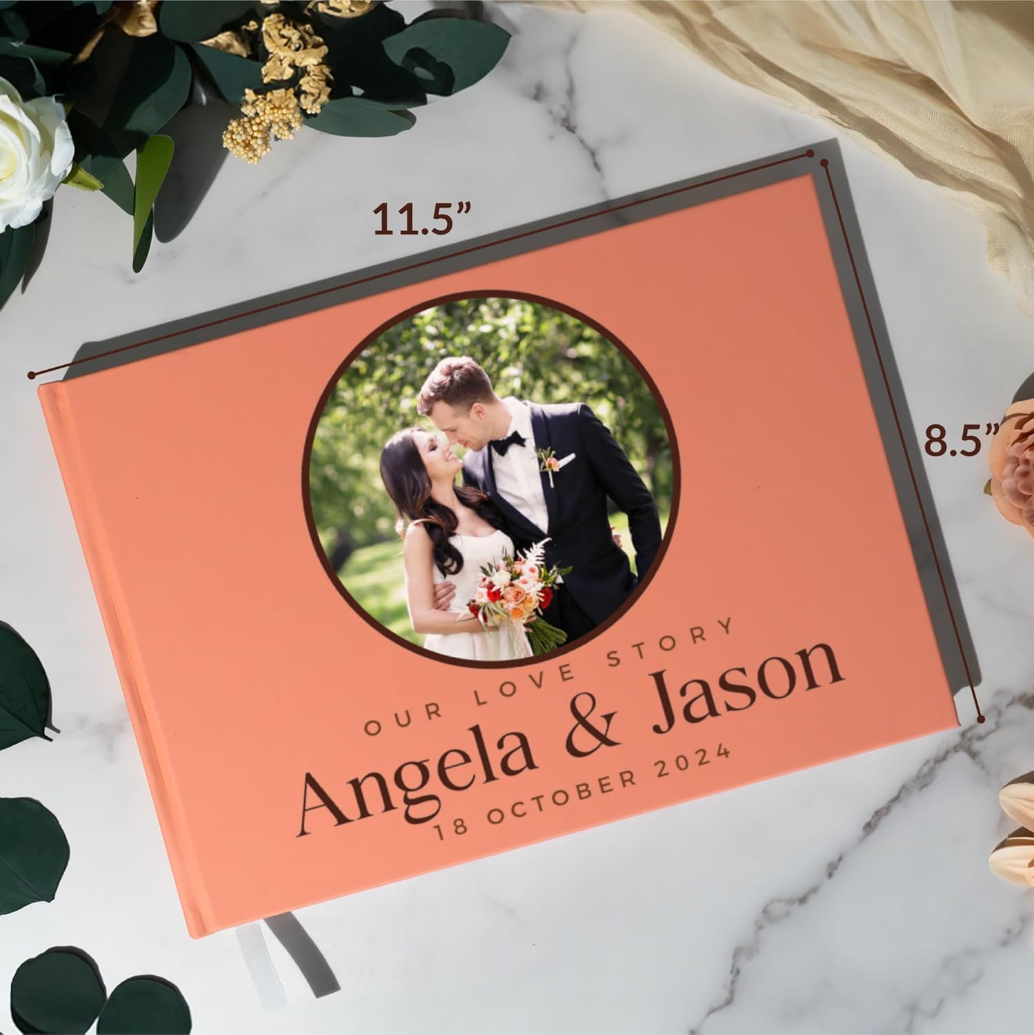 Personalized Guest Book with Photo Cover - Elegant Hardcover Custom Guestbook for Wedding Reception, Birthday Party or Events Blank Pages for Signing - R1