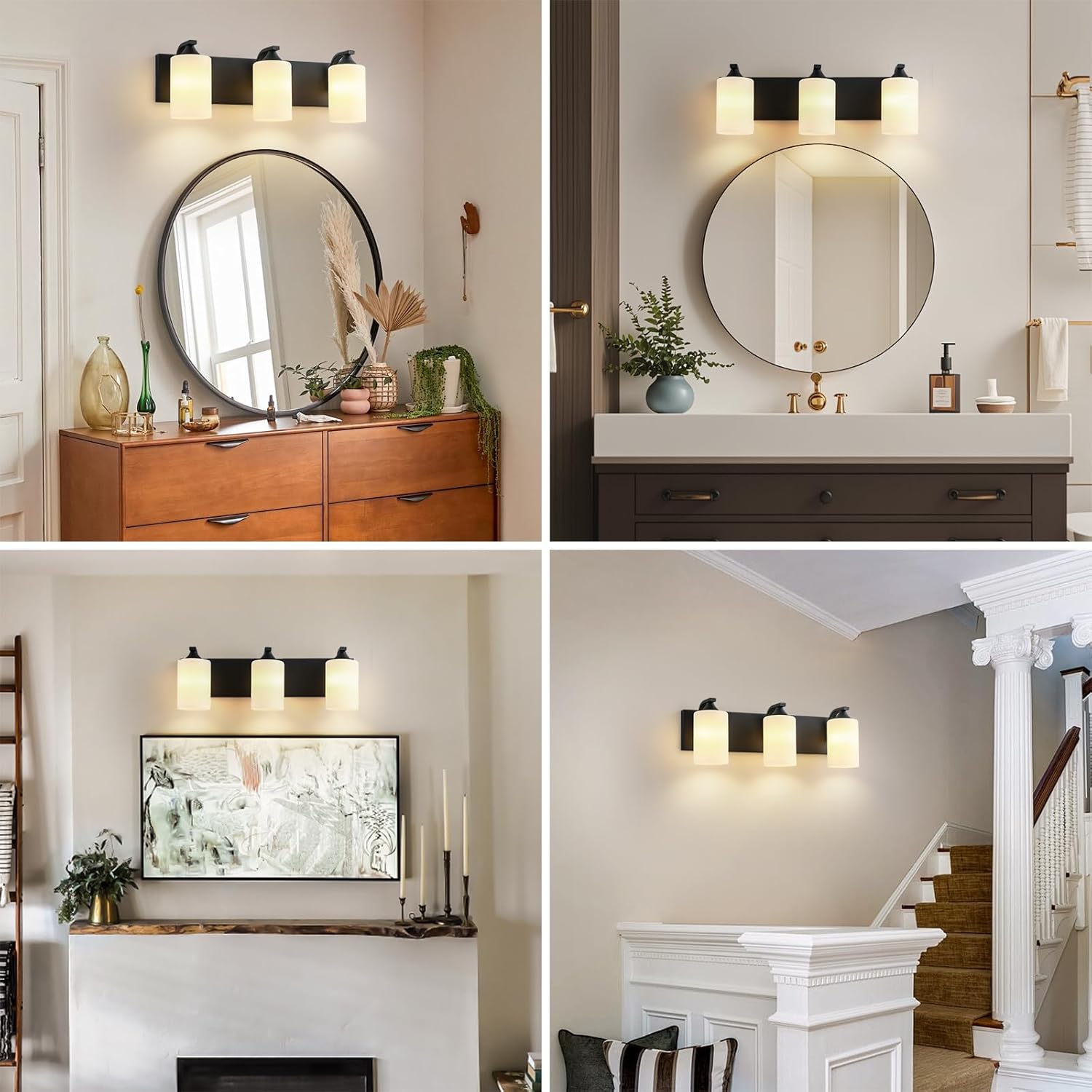 Bathroom Vanity Light Fixtures,3-Light Matte Black Bathroom Lighting Fixtures Over Mirror with Milk White Glass Shades Modern Farmhouse Vanity Lights Wall Sconces