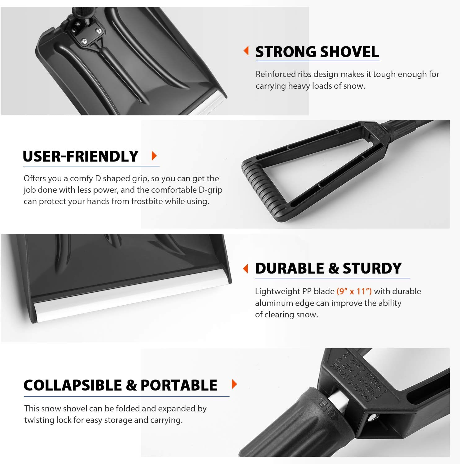 review ORIENTOOLS Folding Snow Shovel with D-Grip Handle and Durable Aluminum Edge Blade, Emergency Snow Shovel for Car, Truck, Recreational Vehicle, etc.(Black, Blade 9