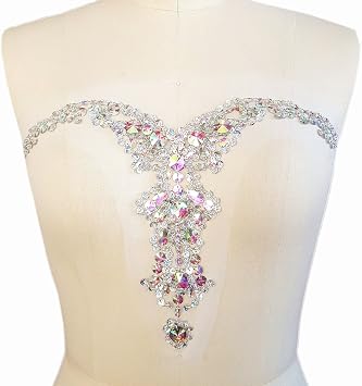 Handmade Beaded V-Neck Sequin Bling Sew On Neckline Rhinestone Crystal Trim Bridal Applique Design Patch Sewing for Childrens Clothes Dresses DIY Decoration AB, 9x13 Inch