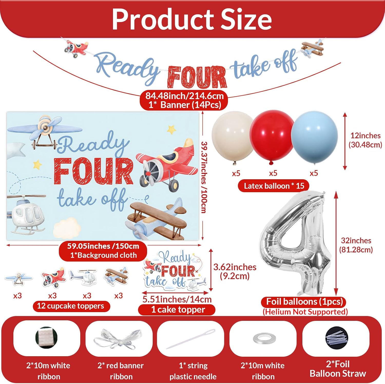 Airplane 4th Birthday Party Decorations Ready Four Take off Banner Backdrop Aviation Plane Theme Cake Cupcake Toppers Red Blue Latex Balloons for Boys Time Flies Theme 4th Birthday Party Supplies