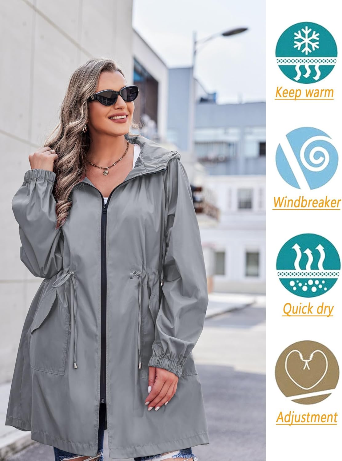 IN'VOLAND Women's Rain Jacket Plus Size Long Raincoat Lightweight Hooded Windbreaker Waterproof Jackets with Pockets - Image 3