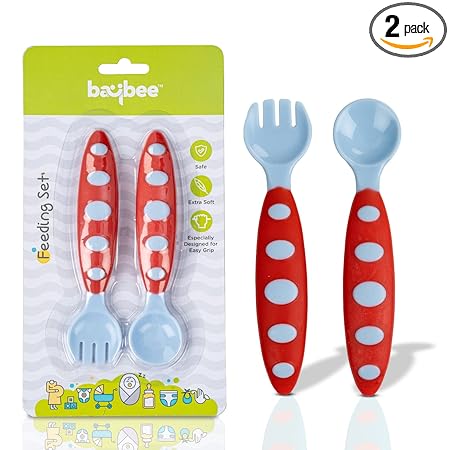 Baybee Ultra Soft Baby Spoon Set for Baby Feeding, Non Toxic BPA Free Baby Training Feeding Spoon & Fork Set, Easy Grip Handle | Baby Feeding Spoons | Feeding Spoon Set for Kids Toddlers (Blue)