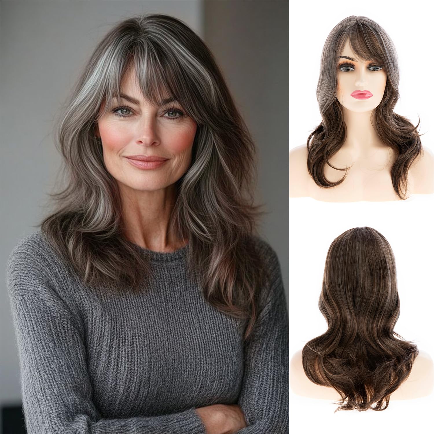 Womens Long Wavy Grey Brown Wigs for White Women Synthetic Heat Resistant Wig for Daily Party