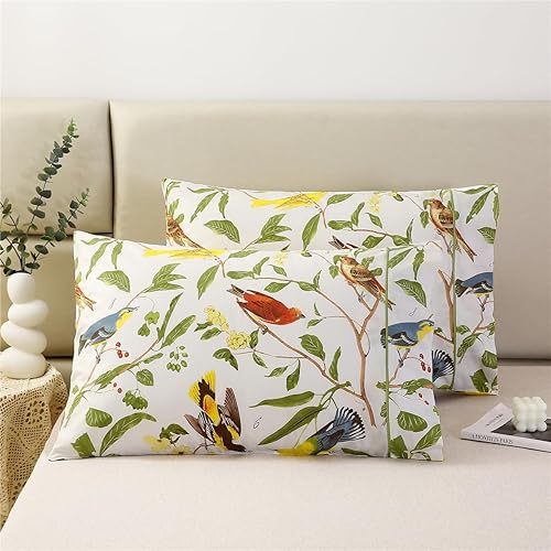 URBONUR Juego de 2 fundas de almohada 100% algodón tamaño Queen con estampado de hojas de jardín y pájaros, fundas de almohada suaves y