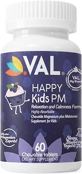 VAL Happy Kids PM | Sleep Support for Kids with Magnesium, Melatonin, Vitamin B6 & C | Sugar-Free Chewable | Blueberry Yogurt Flavor | Non-GMO, Gluten-Free | 60 Tablets | Ages 4+