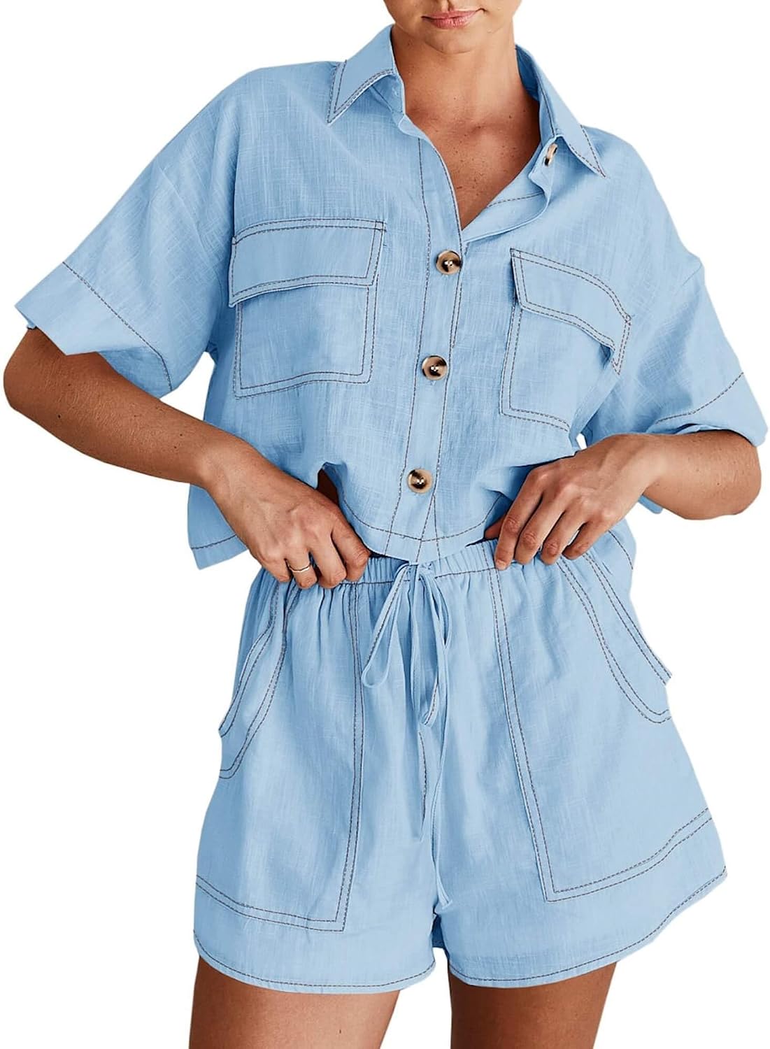 Imily Bela Women’s 2 Piece Outfits Sets Summer Button Down Shirts and Shorts Pajama Sets Casual Loungewear with Pockets