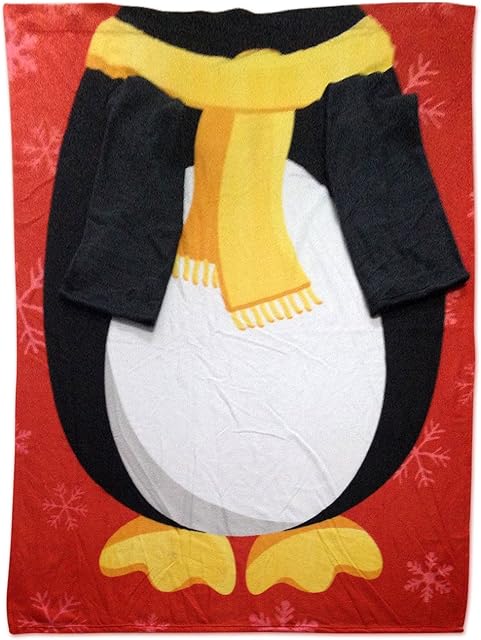 Snug Rug Christmas Penguin Fleece Blanket with Sleeves, Black/White