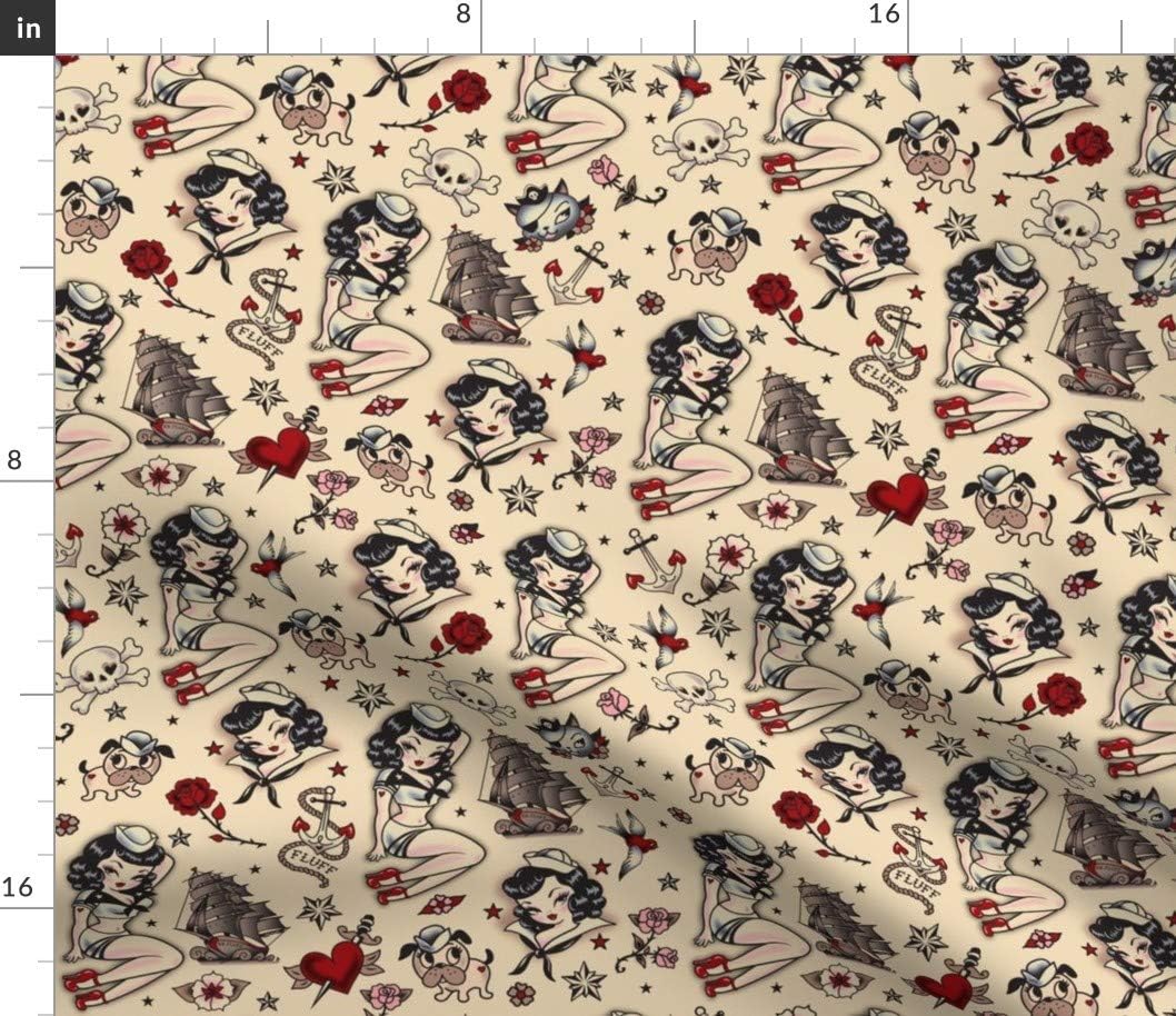 Spoonflower Fabric - Sailor Medium Pink Vintage Tattoo Girl Pinup Cute Nautical Tattoos Printed on Petal Signature Cotton Fabric Fat Quarter - Sewing Quilting Apparel Crafts Decor