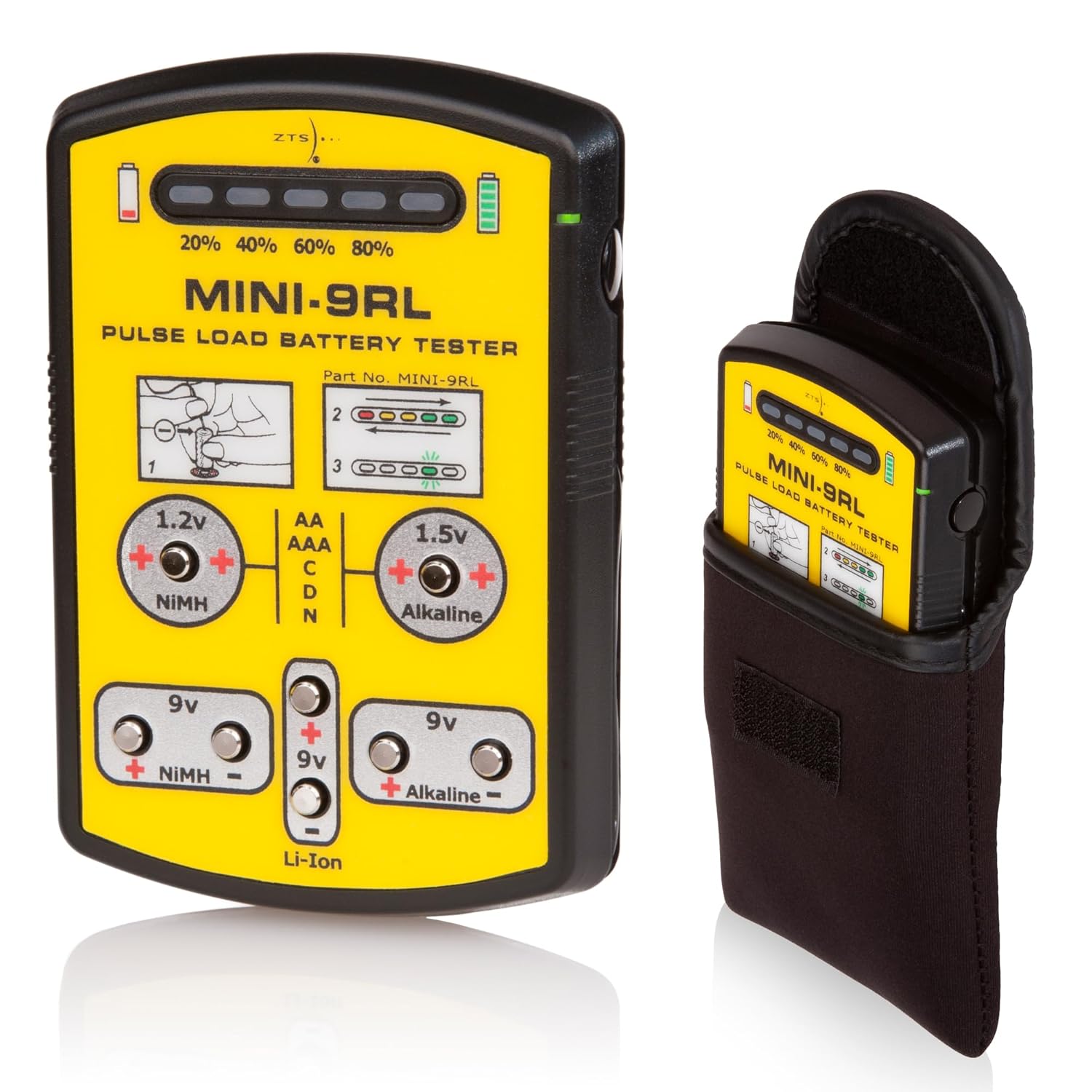 ZTS MINI-9RL Multi Battery Tester with Carry Case & LED Display, Universal Battery Tester for AAA AA C D 9V, N 1.5V, NiMH, Alkaline & Rechargeables, Accurate Pulse Load Testing, USA Made