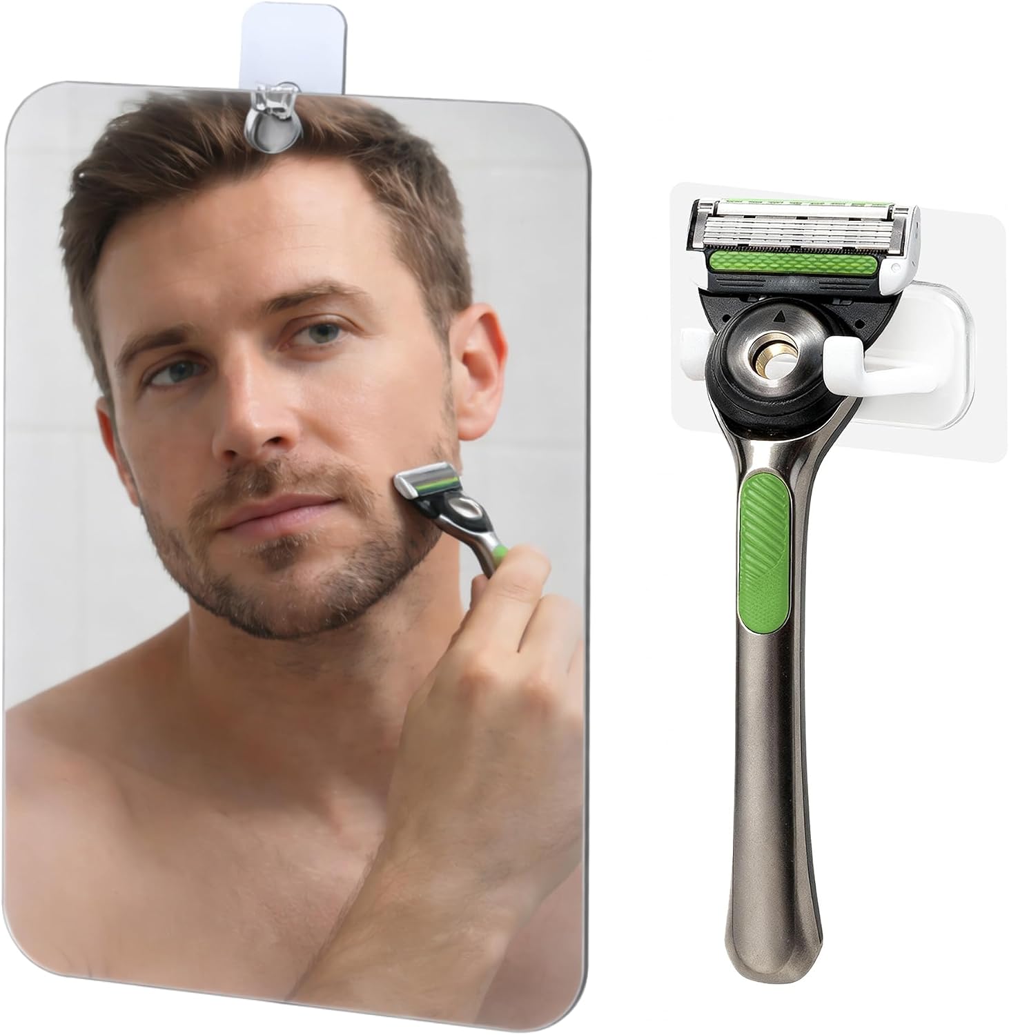 Hook Lab Shower Mirror for Shaving (7.8" x 5.9"), Fog-Resistant Coating, Rinse to Restore Clarity, Adhesive Mount with Razor Holder & Hook, Removable, No Drill