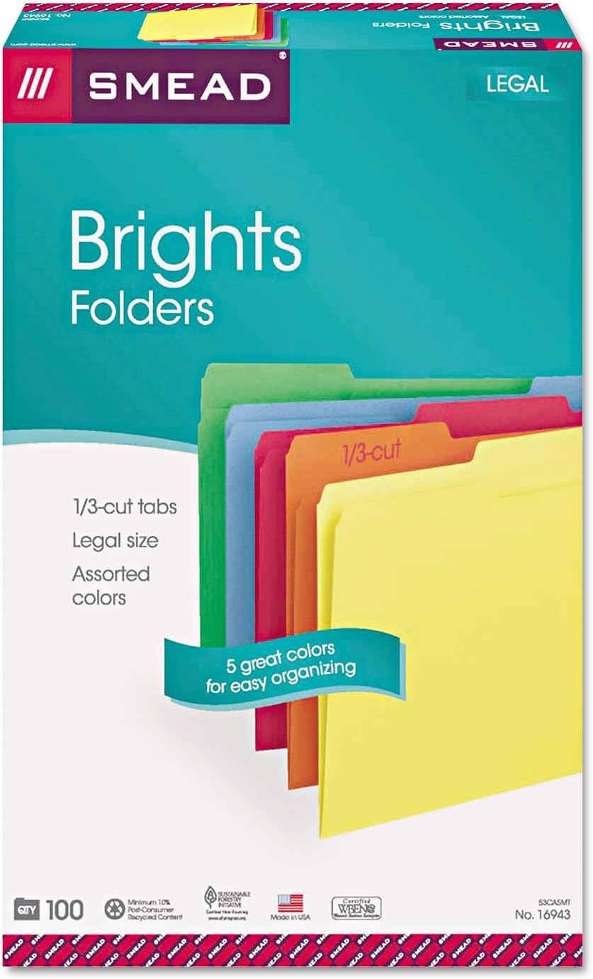 Smead 16943 File Folders 1/3 Cut Top Tab Legal Assorted Colors 100/Box