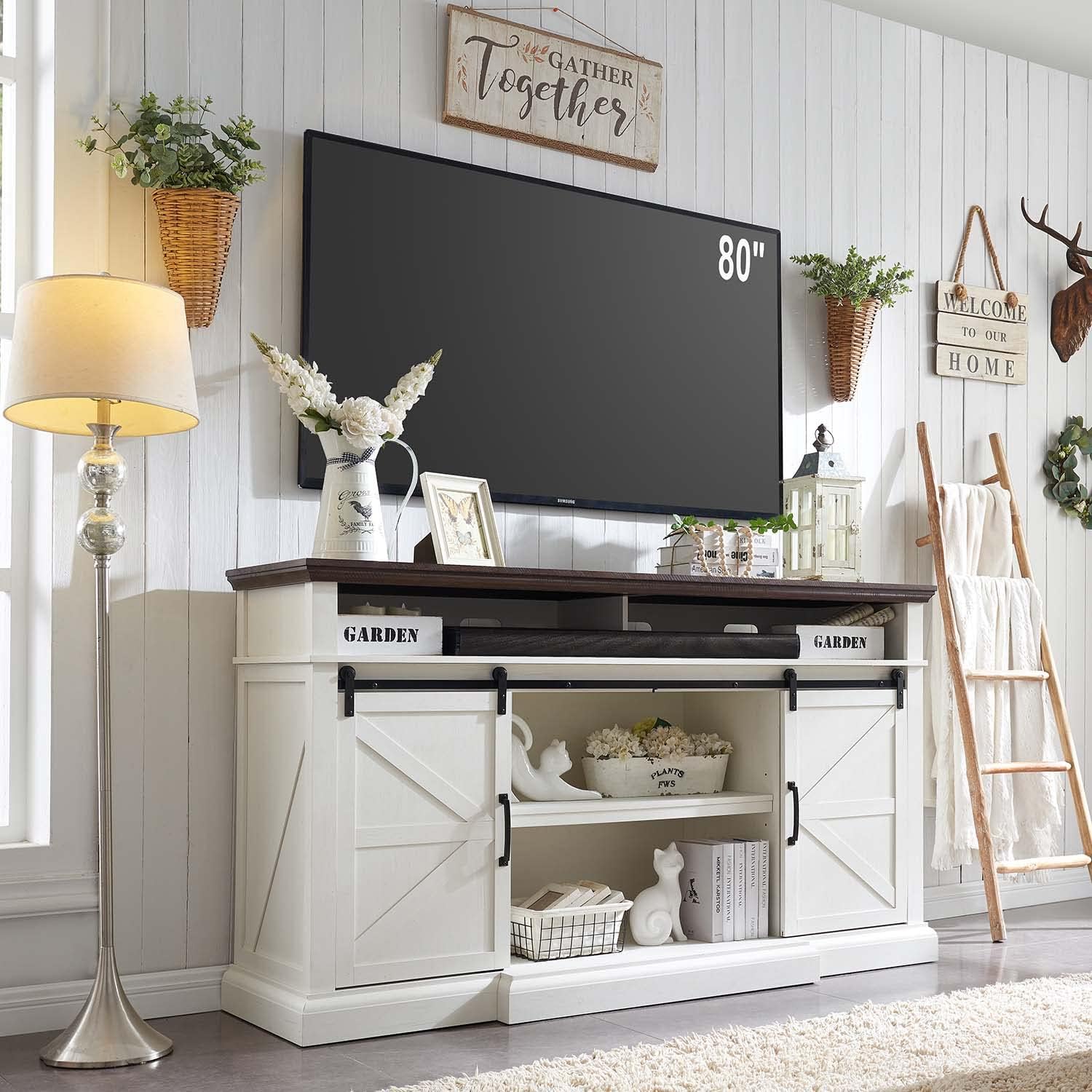 SinCiDo Farmhouse TV Stand for 80 Inch TVs, 39" Tall