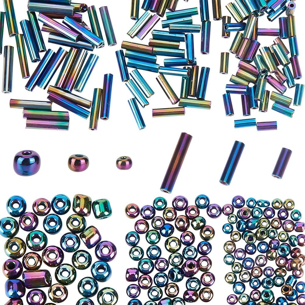 About 1825 Pcs Rainbow Plated Glass Bugle Beads, 2 Styles Round Long Tube Seed Beads Metallic Colors Bead Loose Spacer Bead Bulk for DIY Crafting Jewelry Making