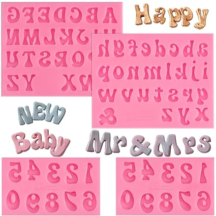 4 Pieces Silicone Letters Molds and Numbers Molds, Lowercase Uppercase Alphabet and 0-9 Number Fondant Chocolate Molds for Decorating Cake, Candy, Cookie, Soap, Resin (Pink)