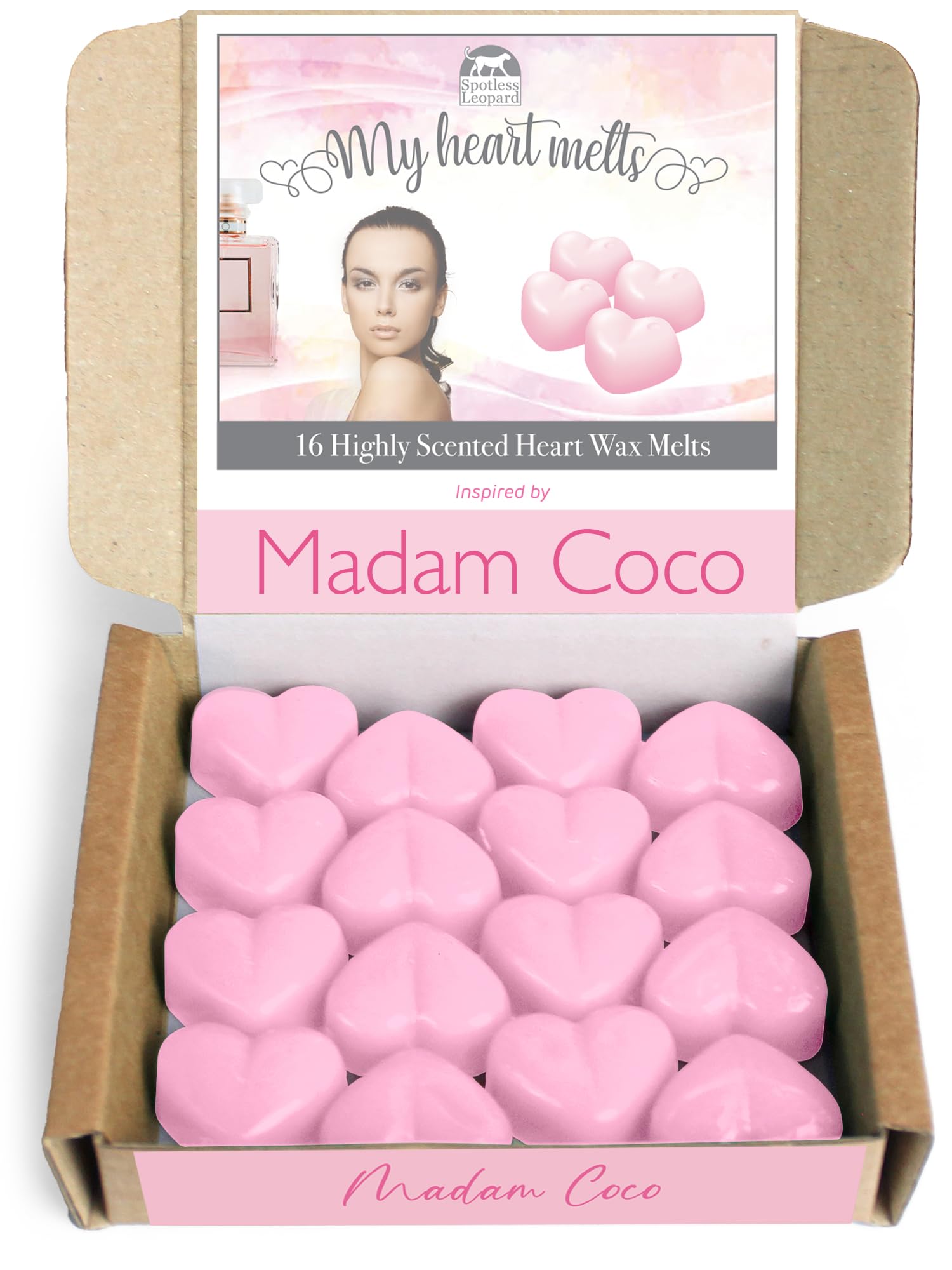 Madam Coco Scented Wax Melts; 16 x 6g Heart Shaped Melts Inspired by Madam Coco in a Recycled Gift Box, Pet Friendly, Cruelty Free by Spotless Leopard